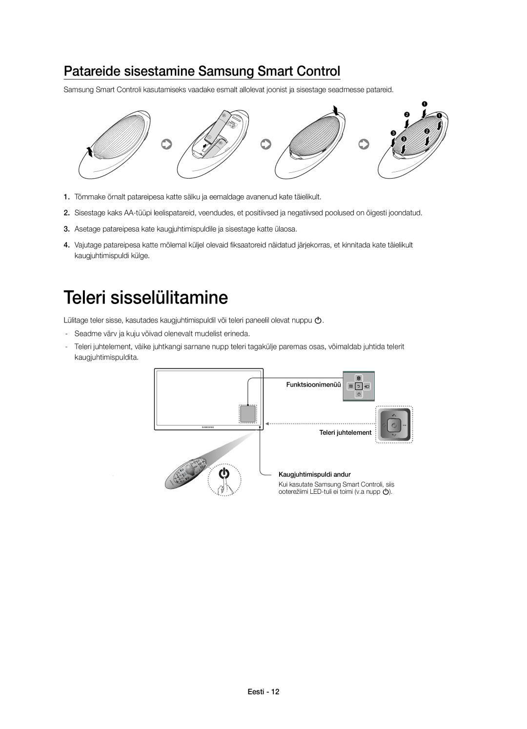 Samsung UE65H8000SLXXH, UE48H8000SLXXC, UE55H8000SLXXH Teleri sisselülitamine, Patareide sisestamine Samsung Smart Control 