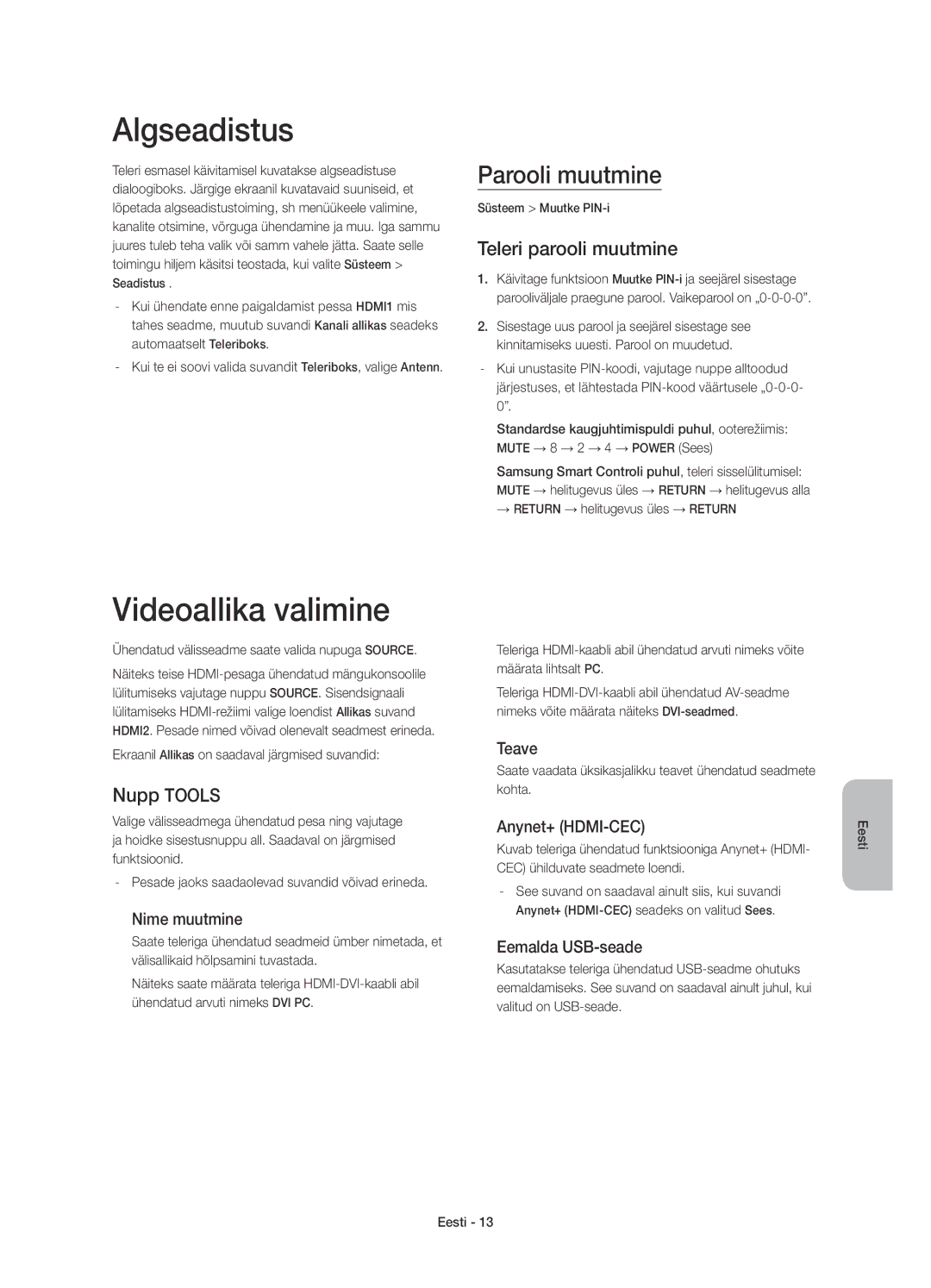 Samsung UE48H8000SLXXC manual Algseadistus, Videoallika valimine, Parooli muutmine, Teleri parooli muutmine, Nupp Tools 