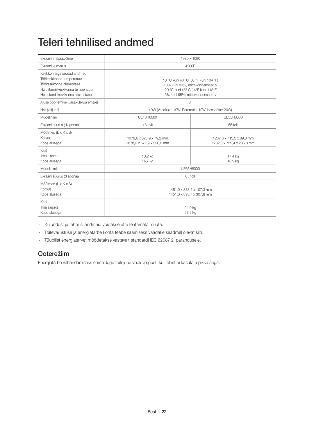 Samsung UE65H8000SLXXC, UE65H8000SLXXH, UE48H8000SLXXC, UE55H8000SLXXH, UE48H8000SLXXH Teleri tehnilised andmed, Ooterežiim 