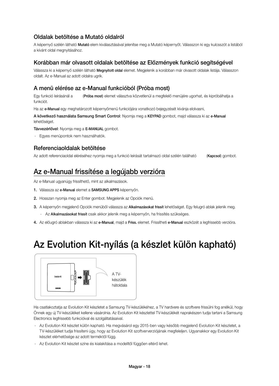 Samsung UE48H8000SLXZF manual Az Evolution Kit-nyílás a készlet külön kapható, Az e-Manual frissítése a legújabb verzióra 