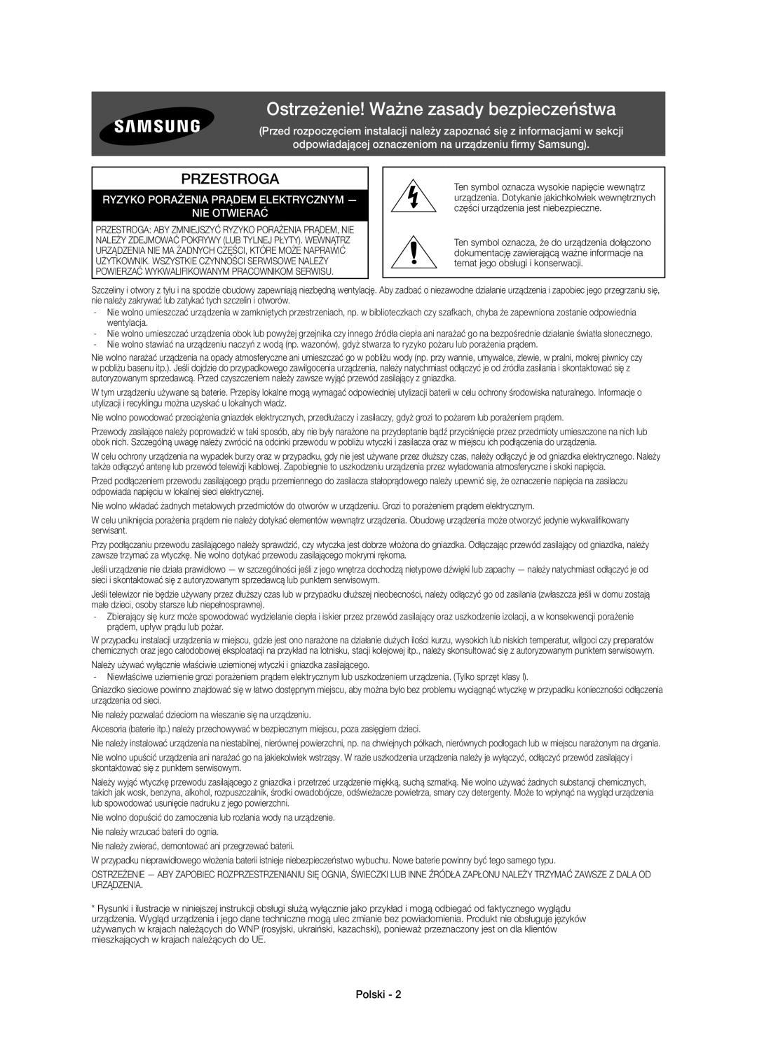 Samsung UE65H8000SLXXC, UE65H8000SLXXH, UE48H8000SLXXC, UE55H8000SLXXH manual Ostrzeżenie! Ważne zasady bezpieczeństwa, Polski 