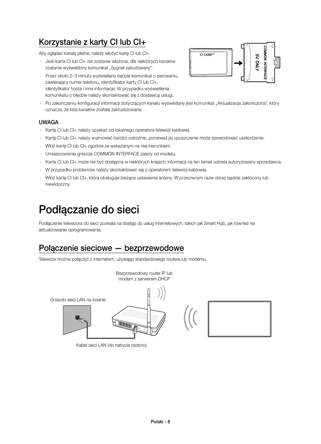 Samsung UE48H8000STXXU manual Podłączanie do sieci, Korzystanie z karty CI lub CI+, Połączenie sieciowe bezprzewodowe 