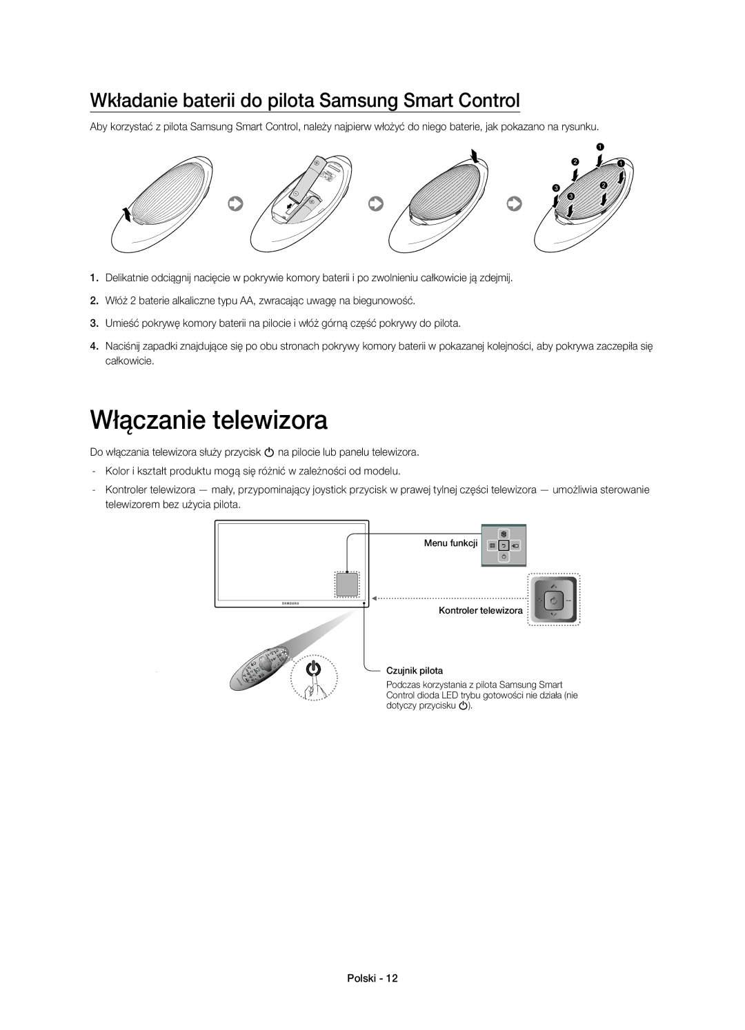 Samsung UE55H8000SLXXH, UE65H8000SLXXH manual Włączanie telewizora, Wkładanie baterii do pilota Samsung Smart Control 