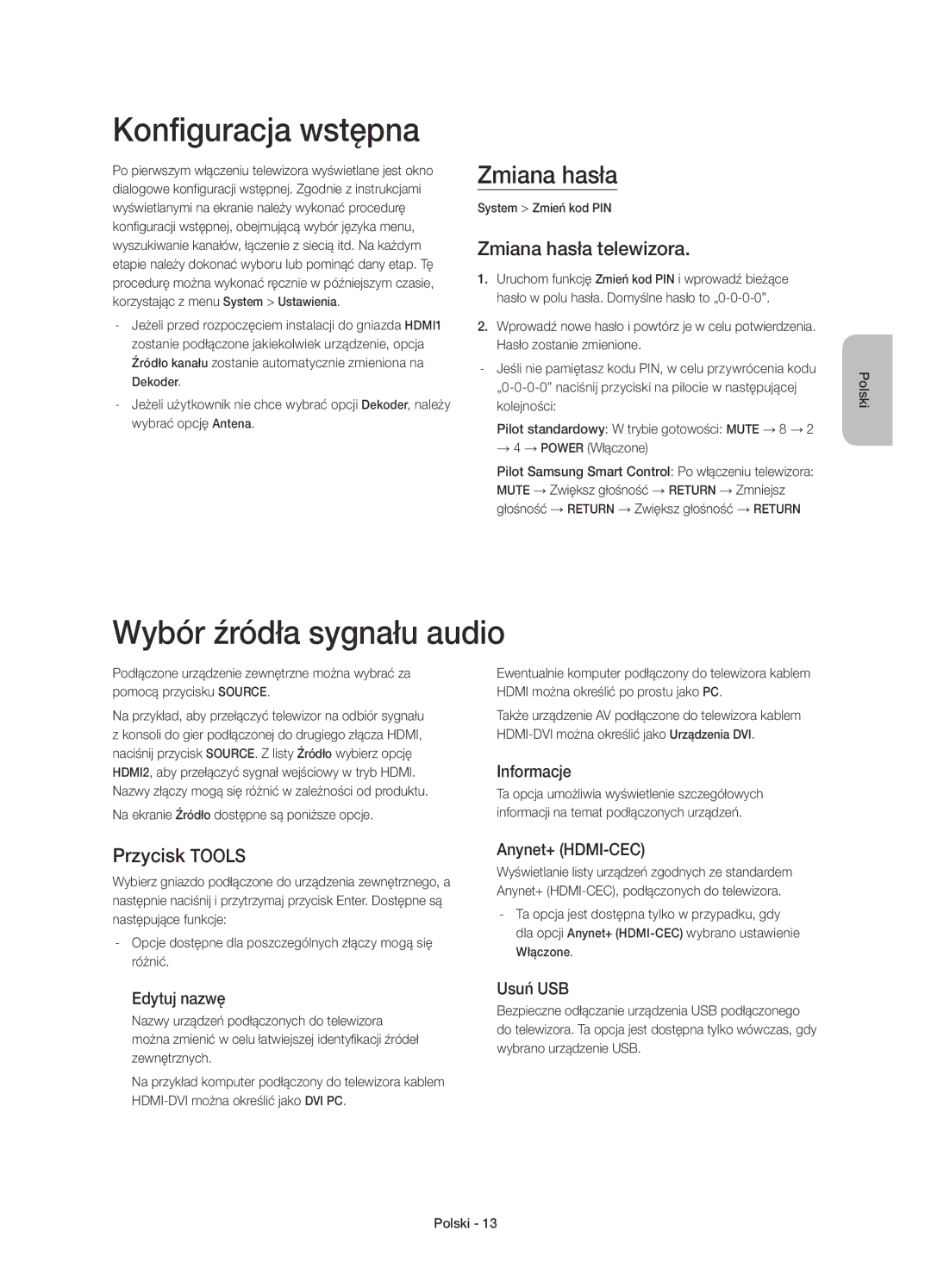 Samsung UE48H8000SLXXH manual Konfiguracja wstępna, Wybór źródła sygnału audio, Zmiana hasła telewizora, Przycisk Tools 