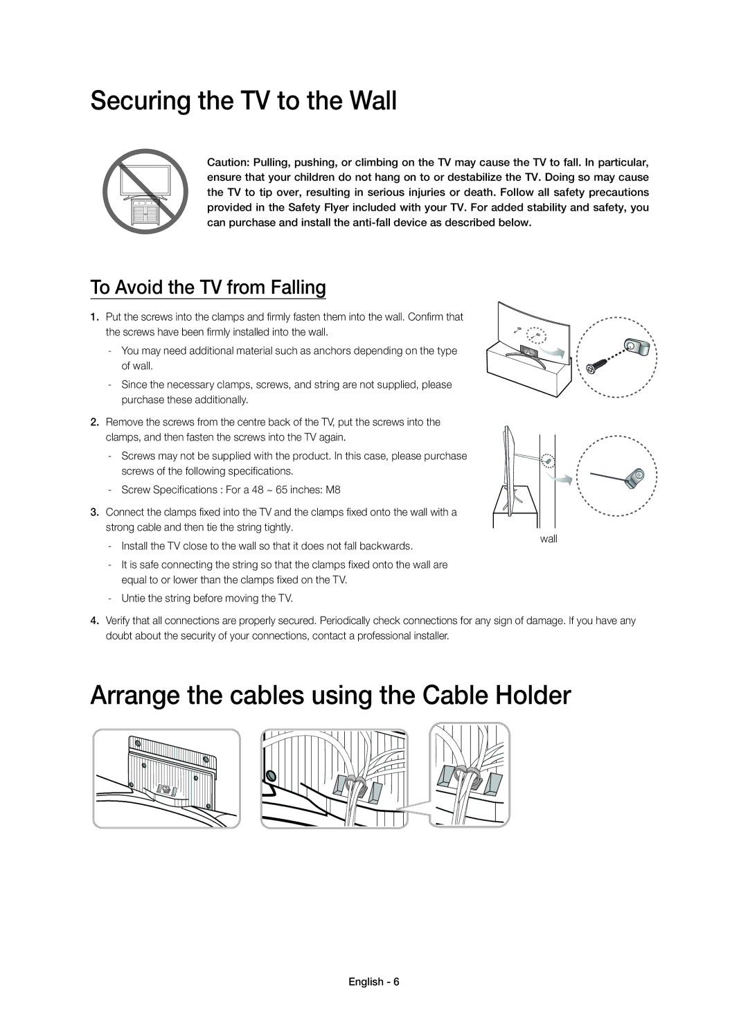 Samsung UE65H8000SLXZF, UE65H8000SLXXH manual Securing the TV to the Wall, Arrange the cables using the Cable Holder 