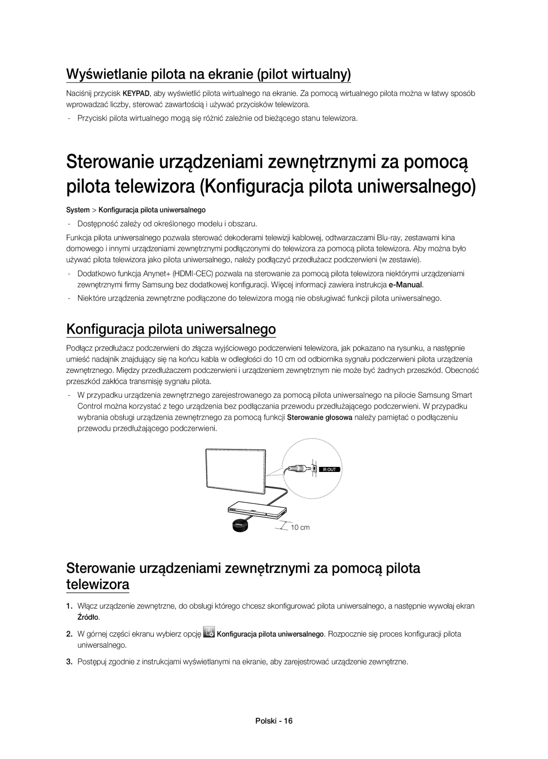 Samsung UE65H8000SLXZF, UE65H8000SLXXH Wyświetlanie pilota na ekranie pilot wirtualny, Konfiguracja pilota uniwersalnego 