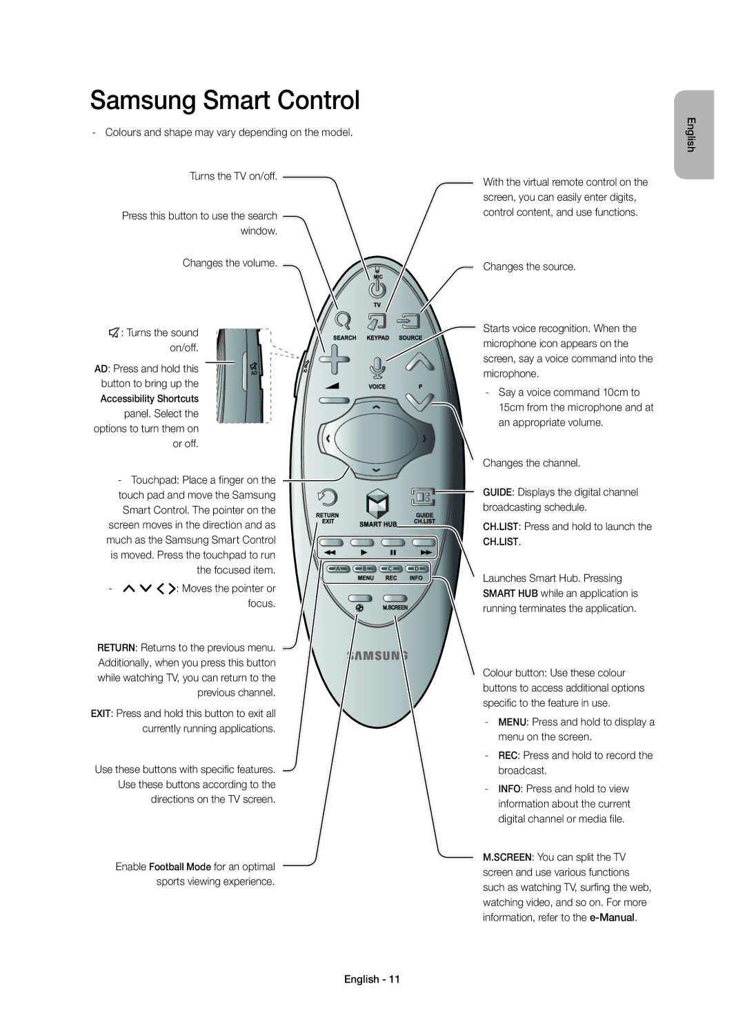 Samsung UE55H8000SLXXC, UE65H8000SLXXH, UE48H8000SLXXC Samsung Smart Control, Changes the volume ¢ Turns the sound on/off 