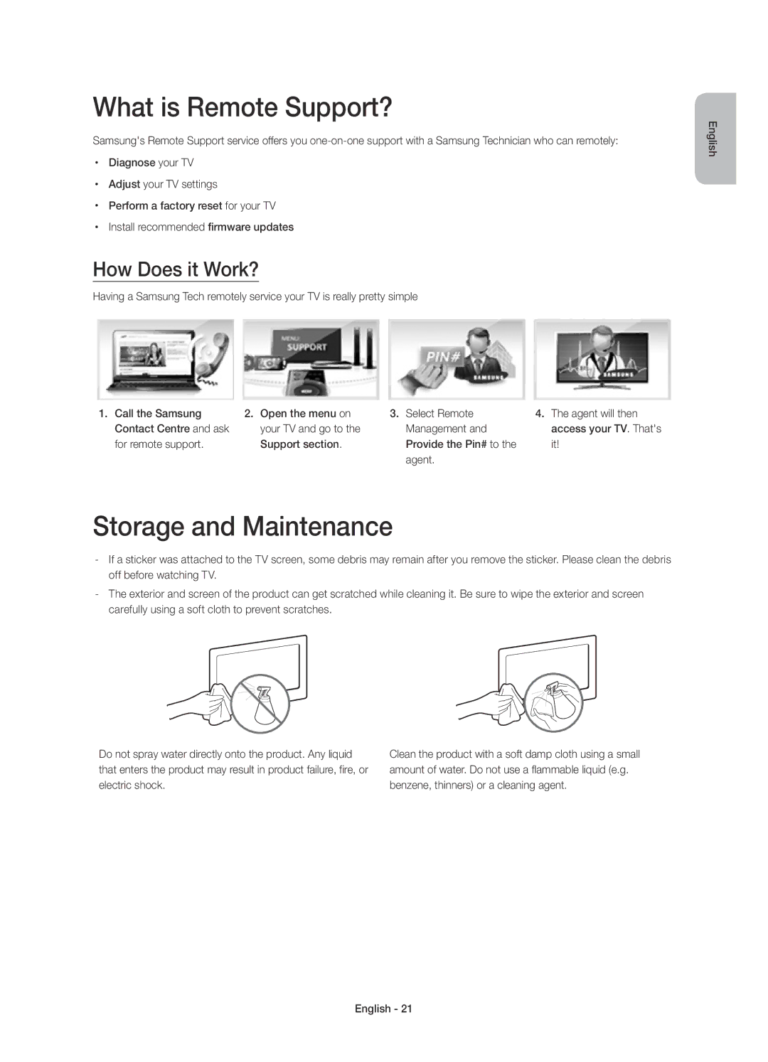 Samsung UE48H8000SLXXH, UE65H8000SLXXH, UE48H8000SLXXC What is Remote Support?, Storage and Maintenance, How Does it Work? 