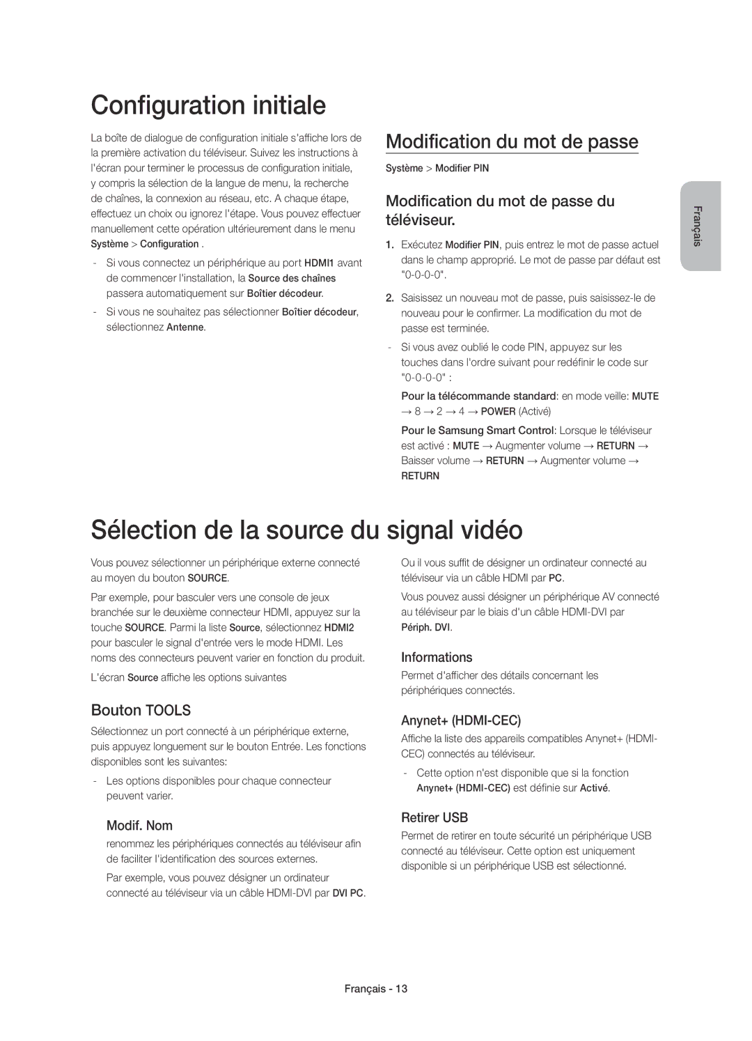 Samsung UE55H8000SLXXC manual Configuration initiale, Sélection de la source du signal vidéo, Modification du mot de passe 