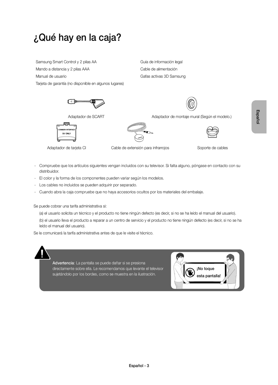 Samsung UE55H8000SLXXC, UE65H8000SLXXH ¿Qué hay en la caja?, Adaptador de tarjeta CI Cable de extensión para infrarrojos 