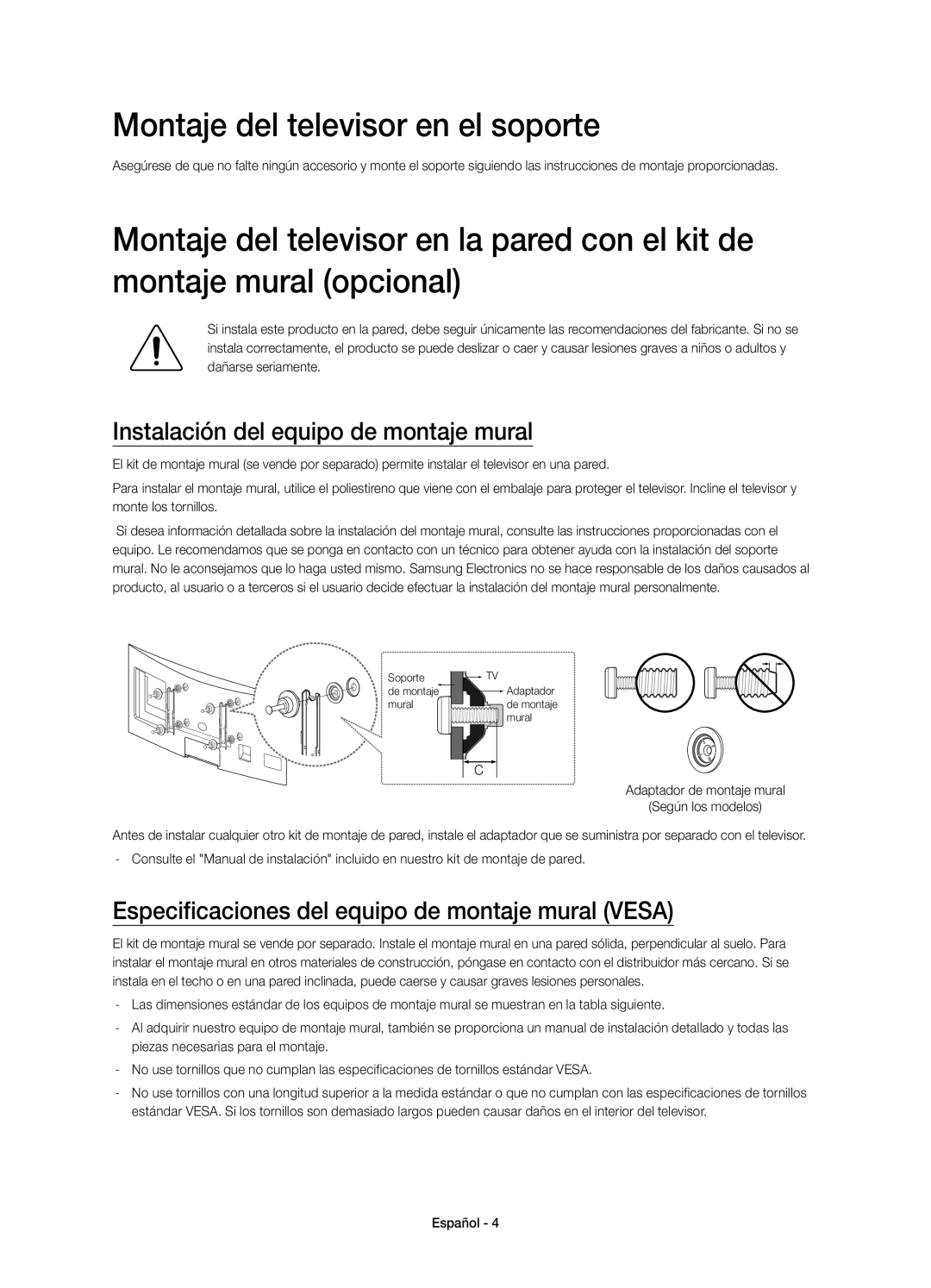 Samsung UE65H8000SLXXH, UE48H8000SLXXC manual Montaje del televisor en el soporte, Instalación del equipo de montaje mural 