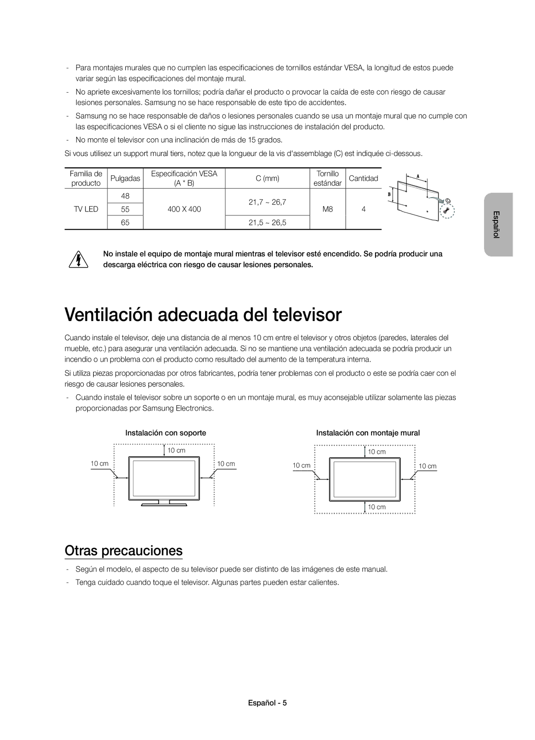 Samsung UE48H8000SLXXC, UE65H8000SLXXH, UE55H8000SLXXH manual Ventilación adecuada del televisor, Otras precauciones 