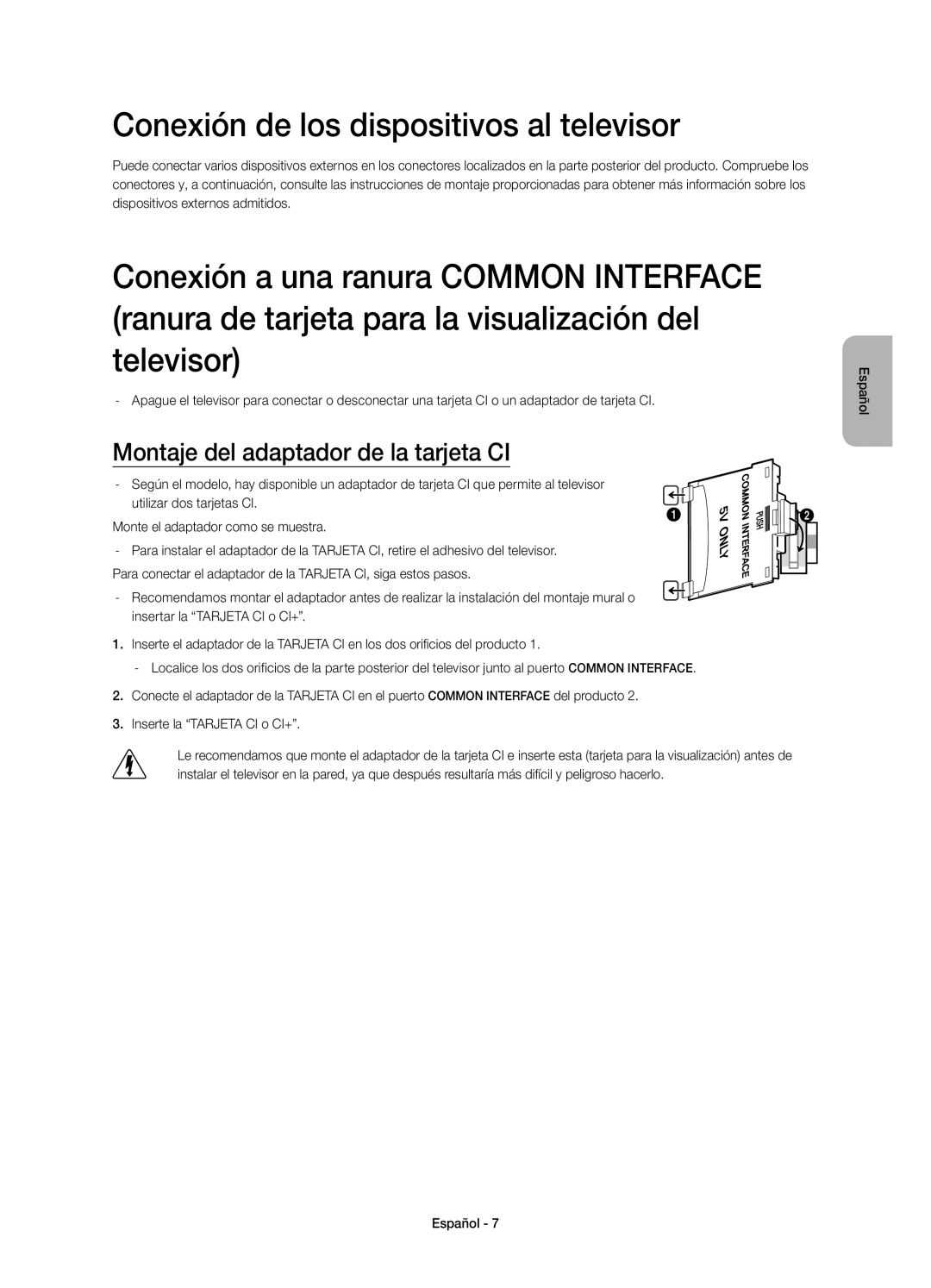 Samsung UE48H8000SLXXH, UE65H8000SLXXH Conexión de los dispositivos al televisor, Montaje del adaptador de la tarjeta CI 