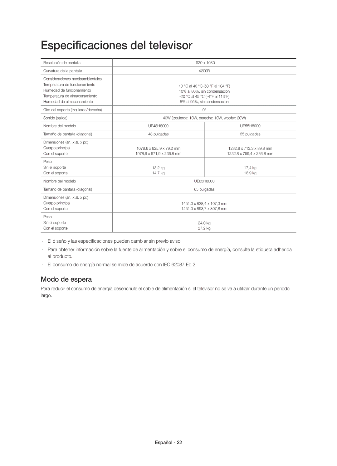 Samsung UE65H8000SLXXH, UE48H8000SLXXC, UE55H8000SLXXH, UE48H8000SLXXH manual Especificaciones del televisor, Modo de espera 