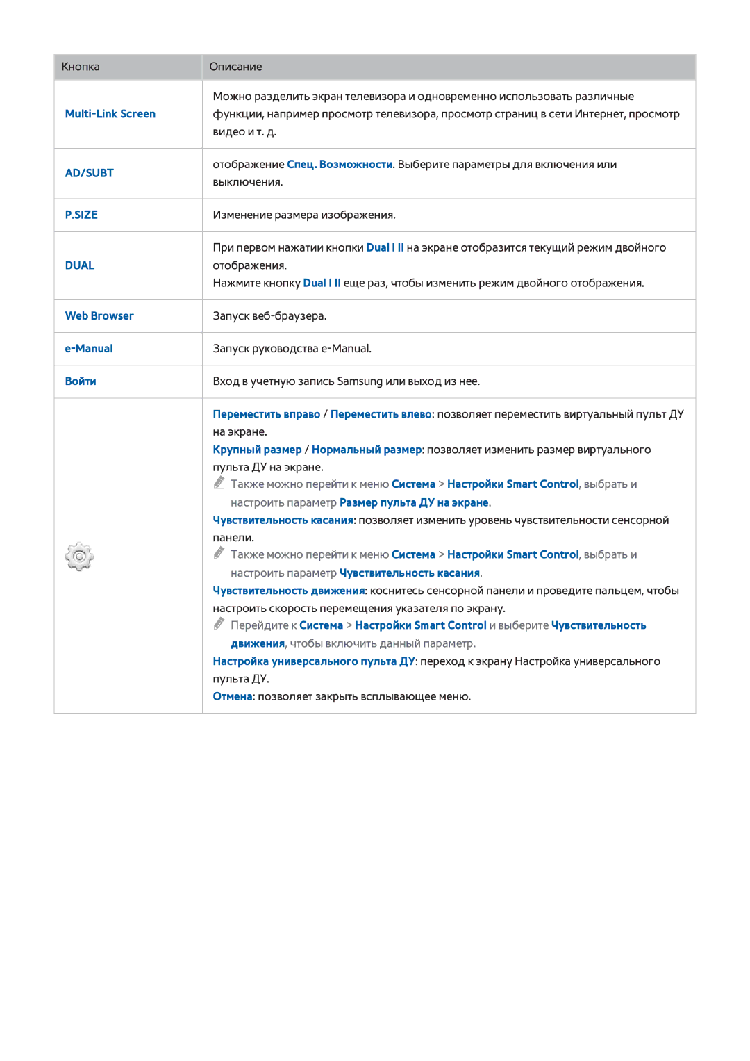 Samsung UE65H8000ATXUZ manual Multi-Link Screen, Web Browser, Manual, Настроить параметр Размер пульта ДУ на экране 