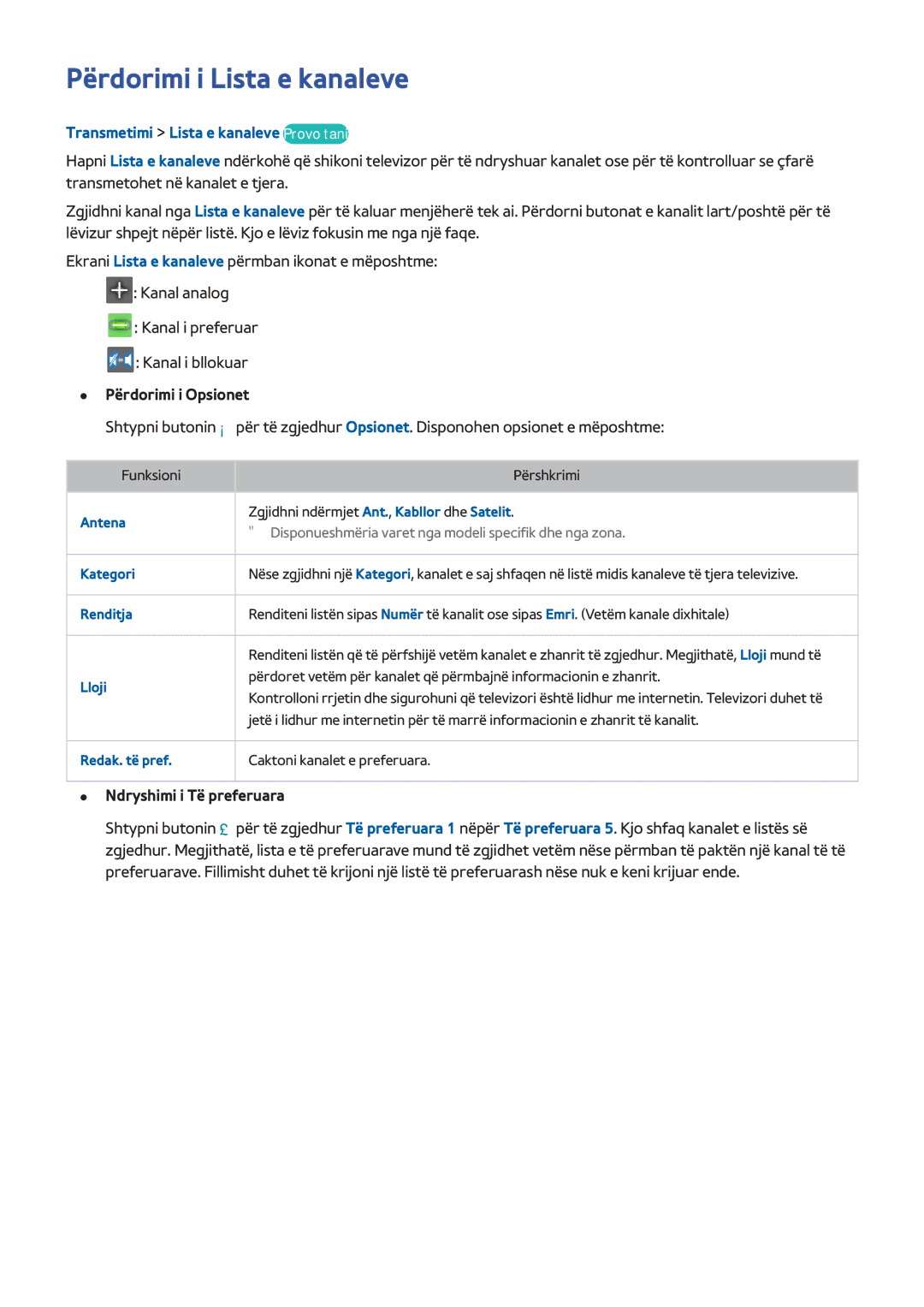 Samsung UE55H8000STXXH manual Përdorimi i Lista e kanaleve, Transmetimi Lista e kanaleve Provo tani, Përdorimi i Opsionet 