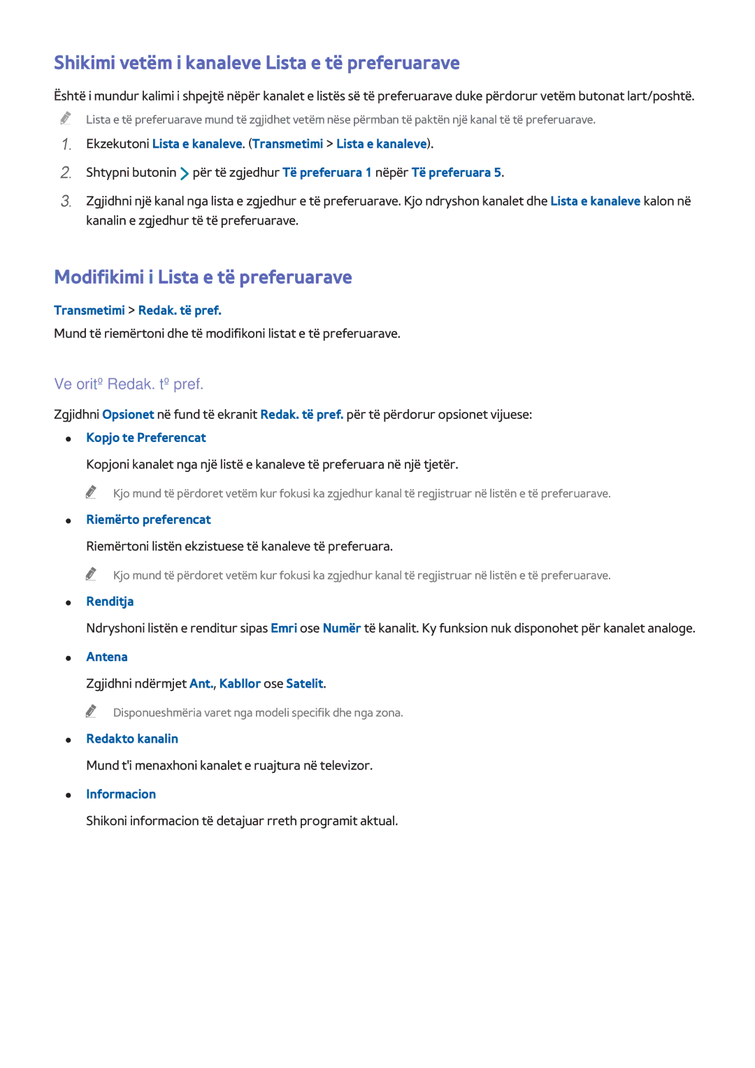 Samsung UE48H8000STXXH manual Shikimi vetëm i kanaleve Lista e të preferuarave, Modifikimi i Lista e të preferuarave 