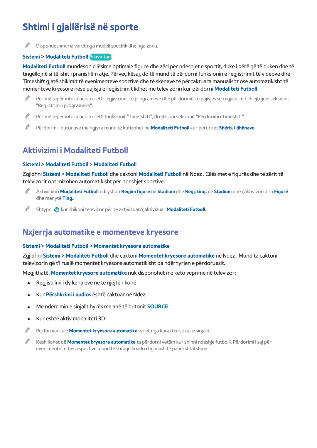 Samsung UE48H8000STXXH, UE65H8000STXXH, UE55H8000STXXH manual Shtimi i gjallërisë në sporte, Aktivizimi i Modaliteti Futboll 