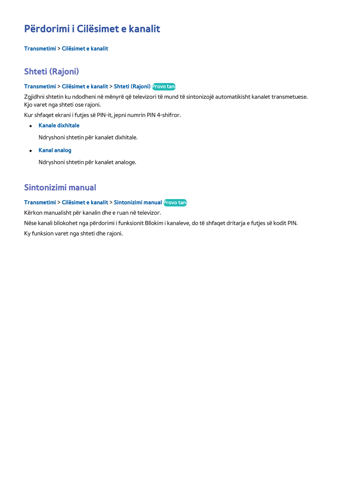 Samsung UE48H8000STXXH, UE65H8000STXXH, UE55H8000STXXH Përdorimi i Cilësimet e kanalit, Shteti Rajoni, Sintonizimi manual 