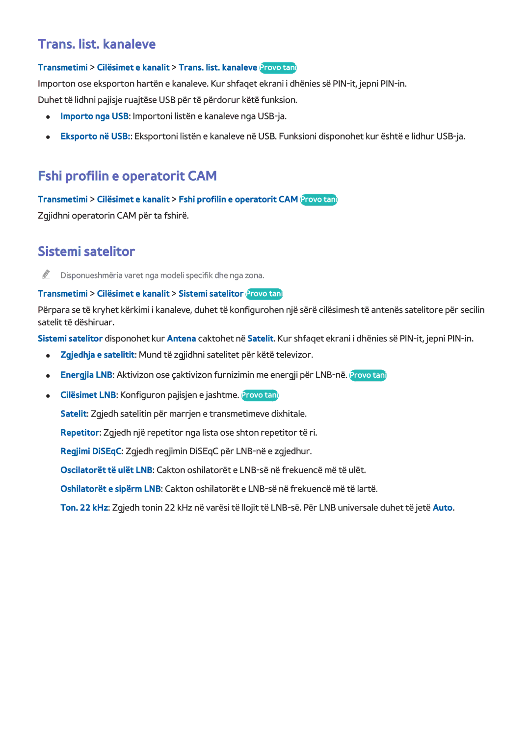 Samsung UE65H8000STXXH, UE48H8000STXXH manual Trans. list. kanaleve, Fshi profilin e operatorit CAM, Sistemi satelitor 