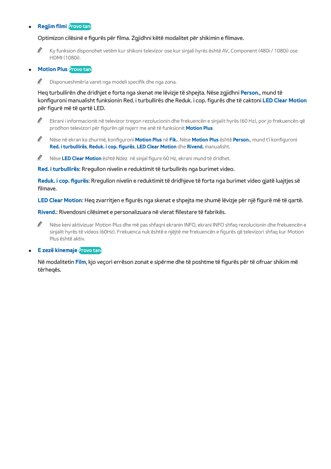 Samsung UE55H8000STXXH, UE65H8000STXXH manual Regjim filmi Provo tani, Motion Plus Provo tani, Zezë kinemaje Provo tani 