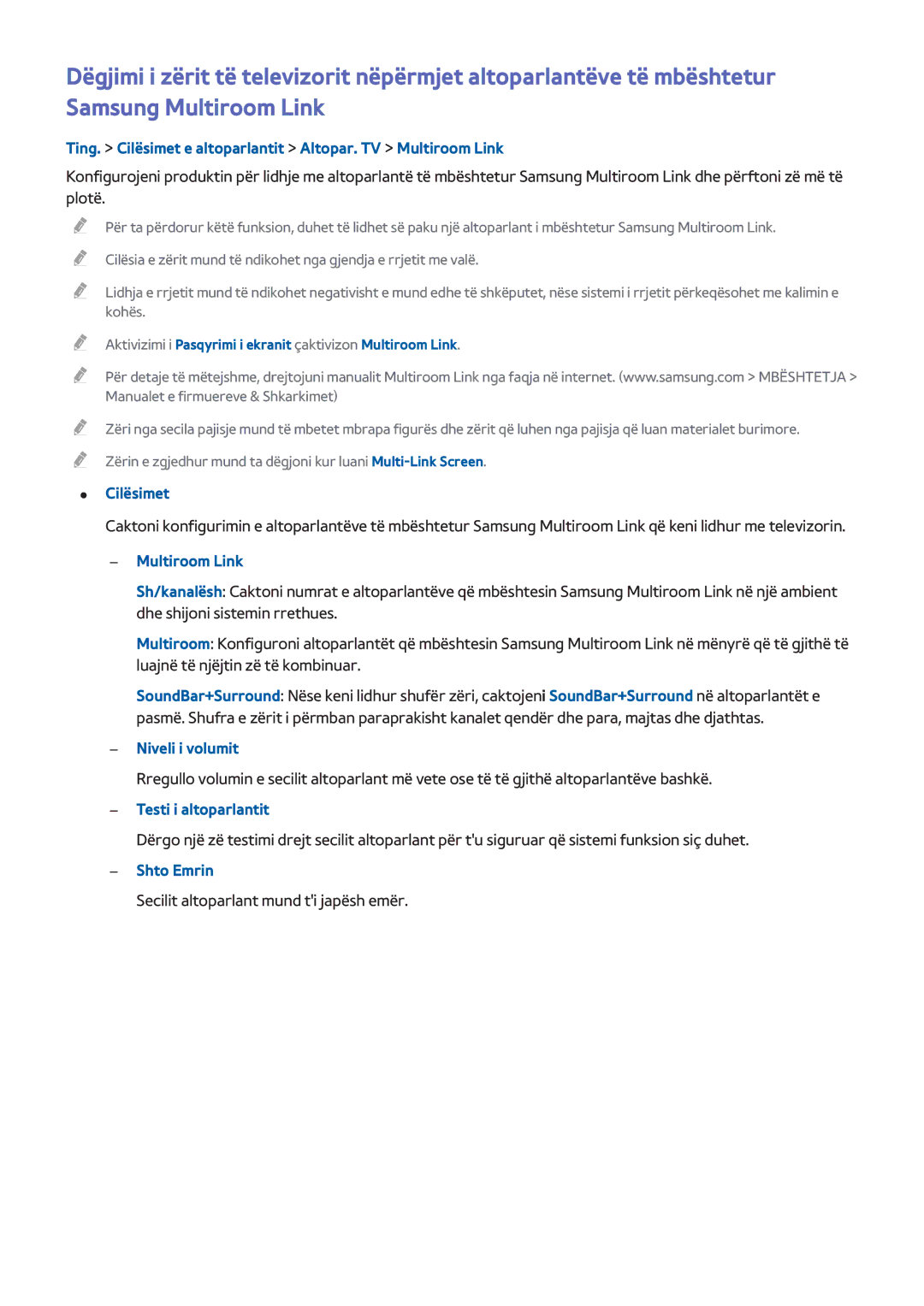 Samsung UE55H8000STXXH Ting. Cilësimet e altoparlantit Altopar. TV Multiroom Link, Niveli i volumit, Testi i altoparlantit 