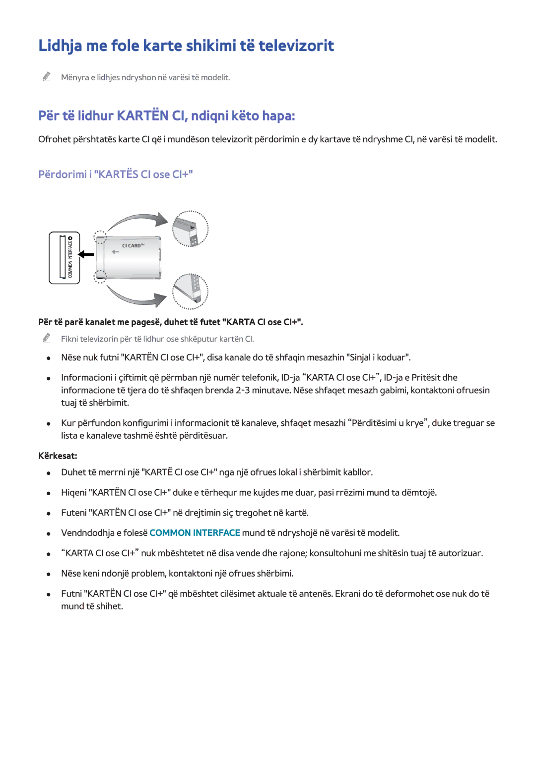 Samsung UE48H8000STXXH manual Lidhja me fole karte shikimi të televizorit, Për të lidhur Kartën CI, ndiqni këto hapa 