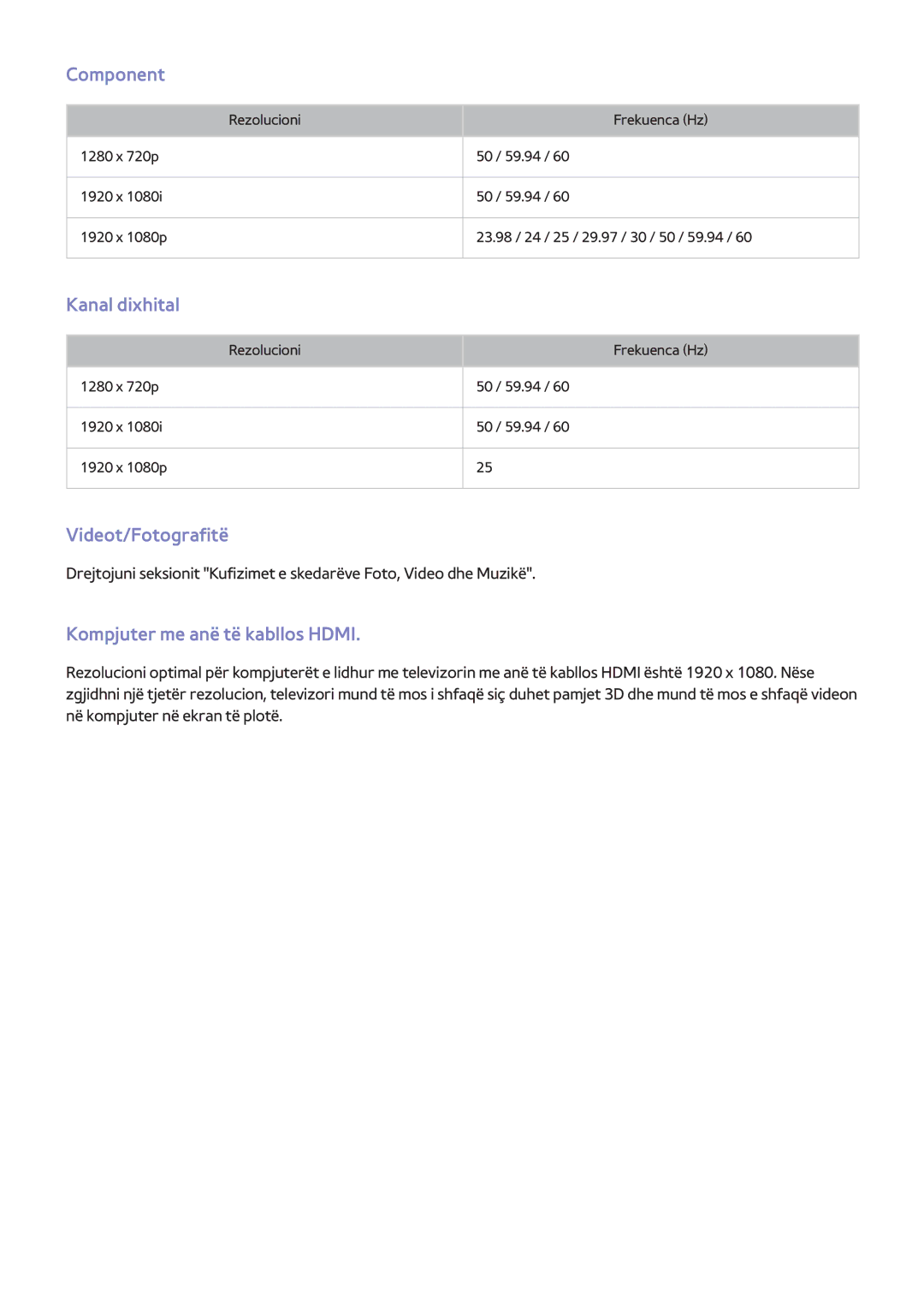 Samsung UE65H8000STXXH, UE48H8000STXXH Component, Kanal dixhital, Videot/Fotografitë, Kompjuter me anë të kabllos Hdmi 