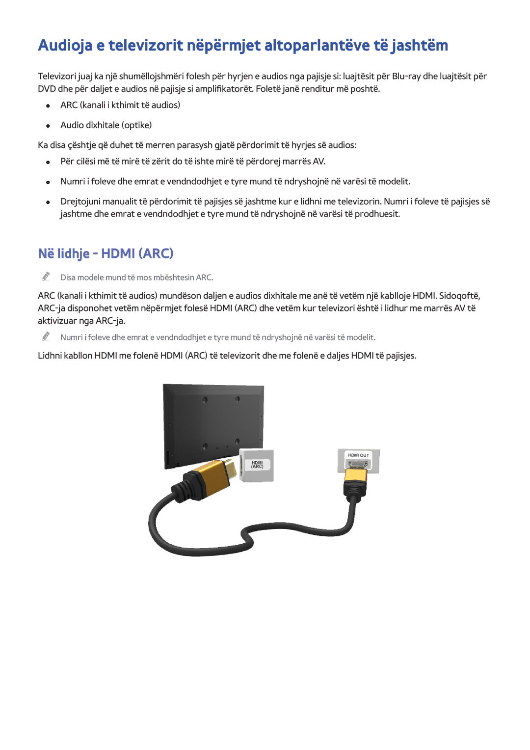 Samsung UE65H8000STXXH, UE48H8000STXXH manual Audioja e televizorit nëpërmjet altoparlantëve të jashtëm, Në lidhje Hdmi ARC 