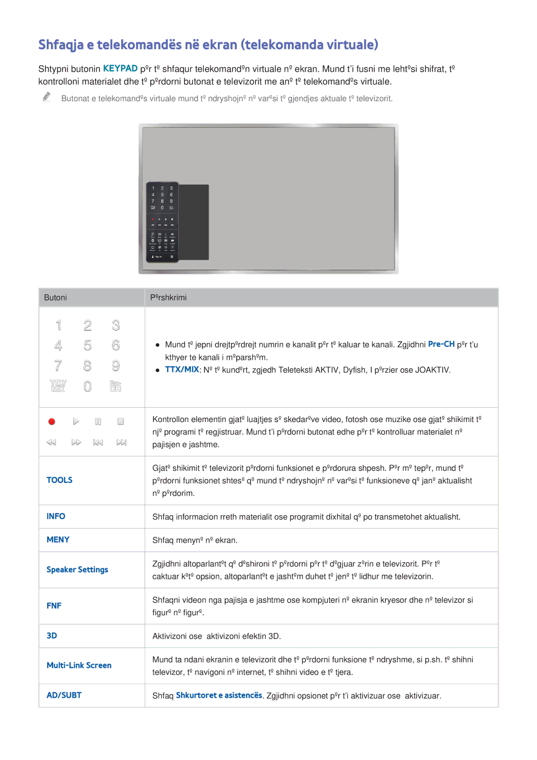 Samsung UE65H8000STXXH, UE48H8000STXXH, UE55H8000STXXH manual Shfaqja e telekomandës në ekran telekomanda virtuale, Tools 