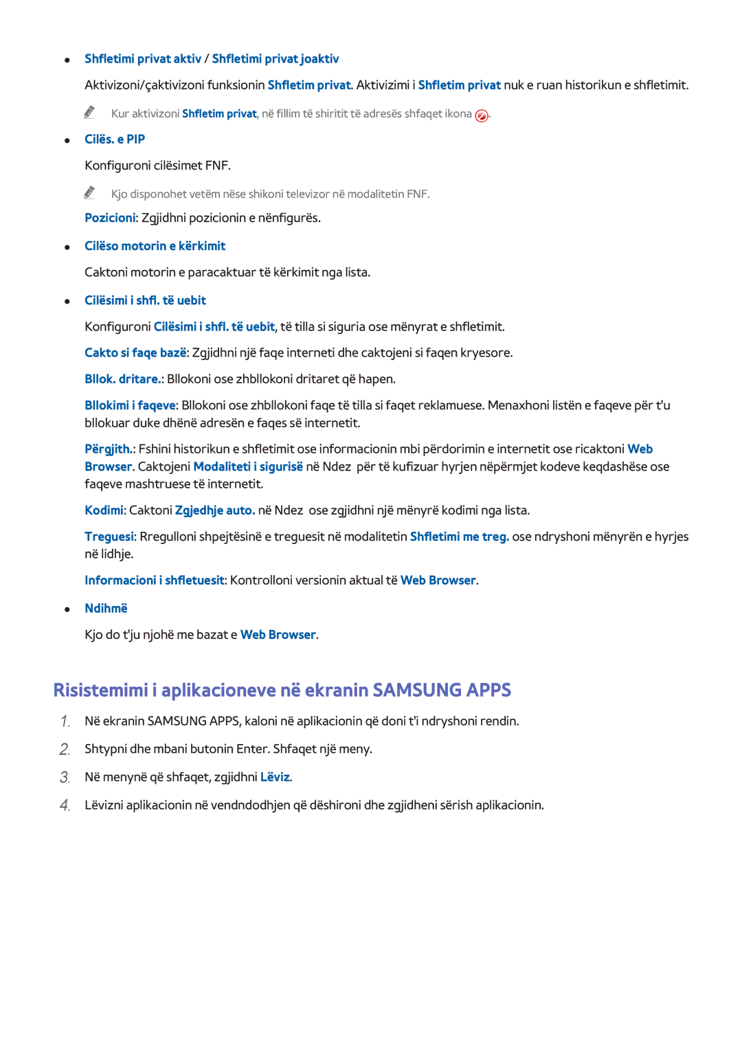 Samsung UE65H8000STXXH manual Risistemimi i aplikacioneve në ekranin Samsung Apps, Cilës. e PIP, Cilëso motorin e kërkimit 