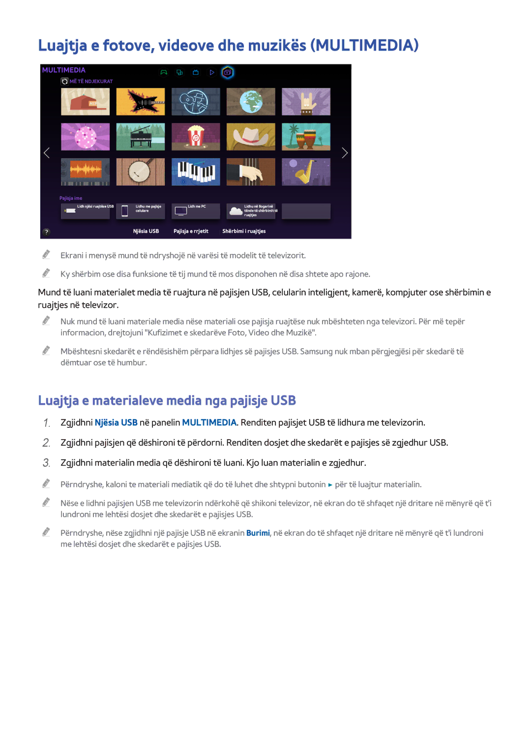 Samsung UE65H8000STXXH manual Luajtja e fotove, videove dhe muzikës Multimedia, Luajtja e materialeve media nga pajisje USB 