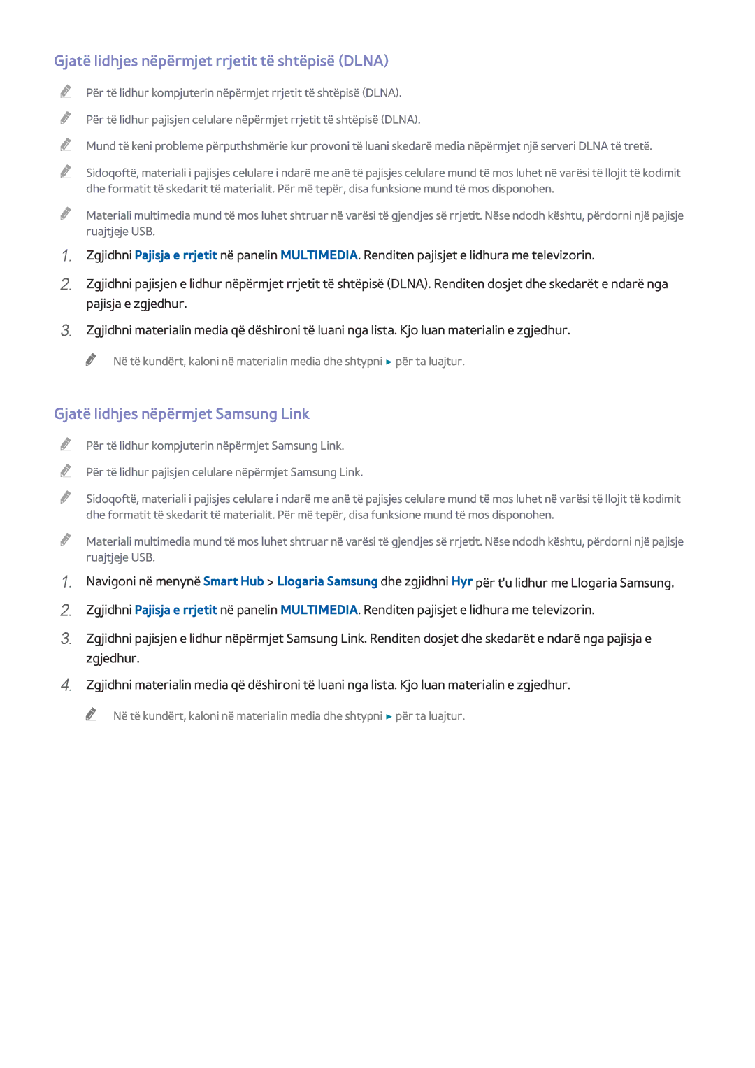 Samsung UE55H8000STXXH manual Gjatë lidhjes nëpërmjet rrjetit të shtëpisë Dlna, Gjatë lidhjes nëpërmjet Samsung Link 
