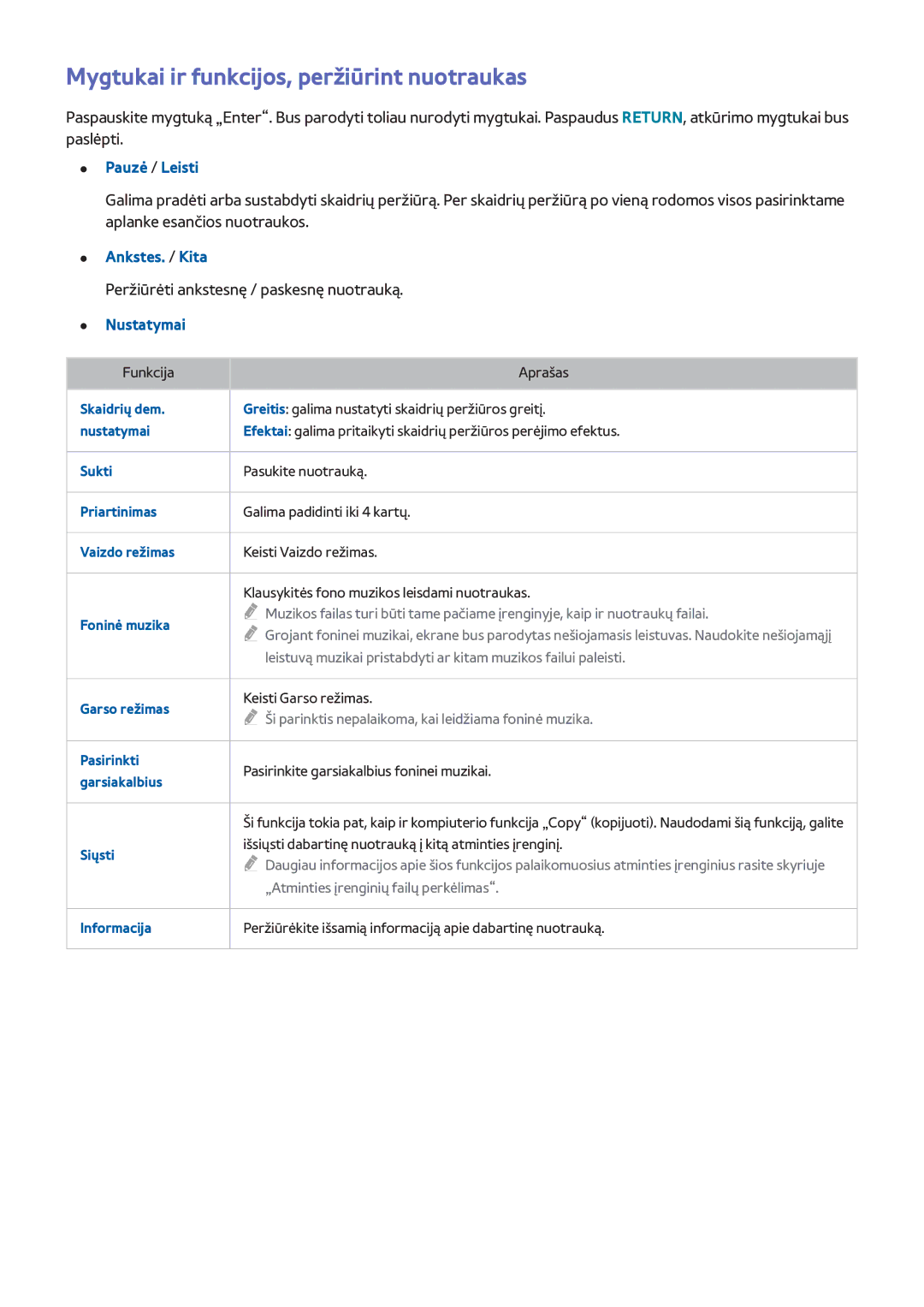 Samsung UE48H8000STXXH manual Mygtukai ir funkcijos, peržiūrint nuotraukas, Pauzė / Leisti, Ankstes. / Kita, Nustatymai 