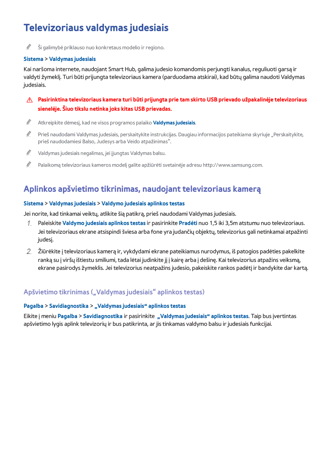 Samsung UE65H8000STXXH manual Televizoriaus valdymas judesiais, Apšvietimo tikrinimas „Valdymas judesiais aplinkos testas 