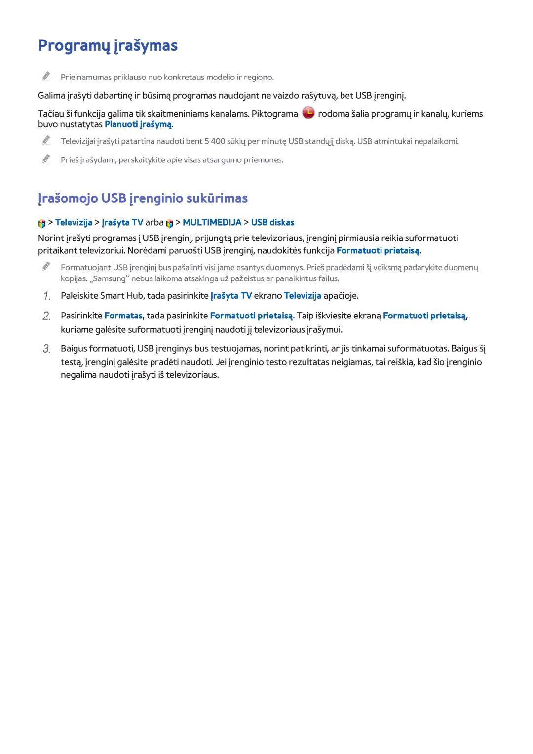 Samsung UE55H8000STXXH, UE65H8000STXXH, UE48H8000STXXH manual Programų įrašymas, Įrašomojo USB įrenginio sukūrimas 