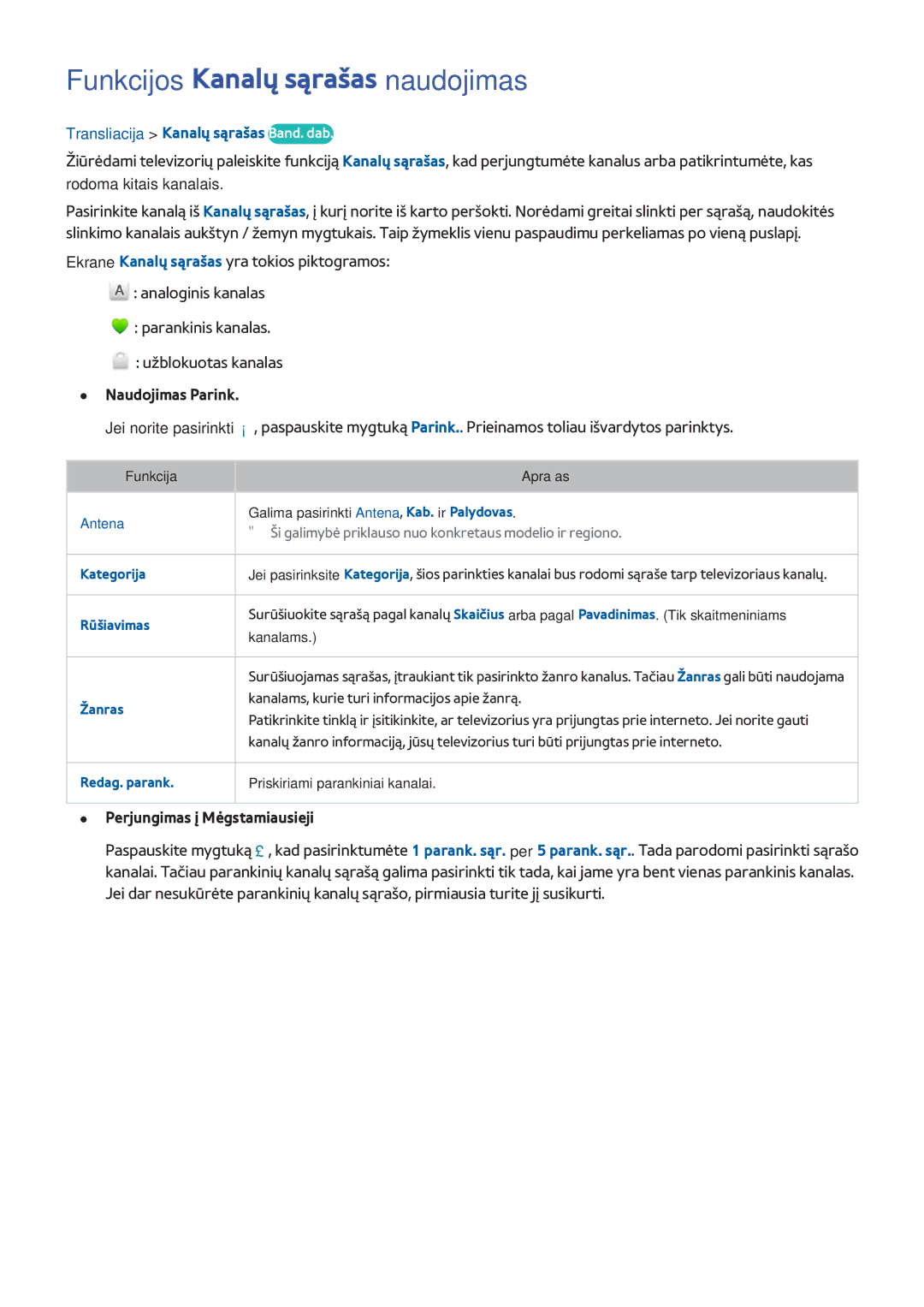 Samsung UE55H8000STXXH manual Funkcijos Kanalų sąrašas naudojimas, Transliacija Kanalų sąrašas Band. dab, Naudojimas Parink 