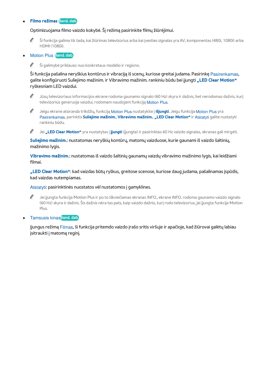 Samsung UE55H8000STXXH, UE65H8000STXXH manual Filmo režimas Band. dab, Motion Plus Band. dab, Tamsusis kinas Band. dab 