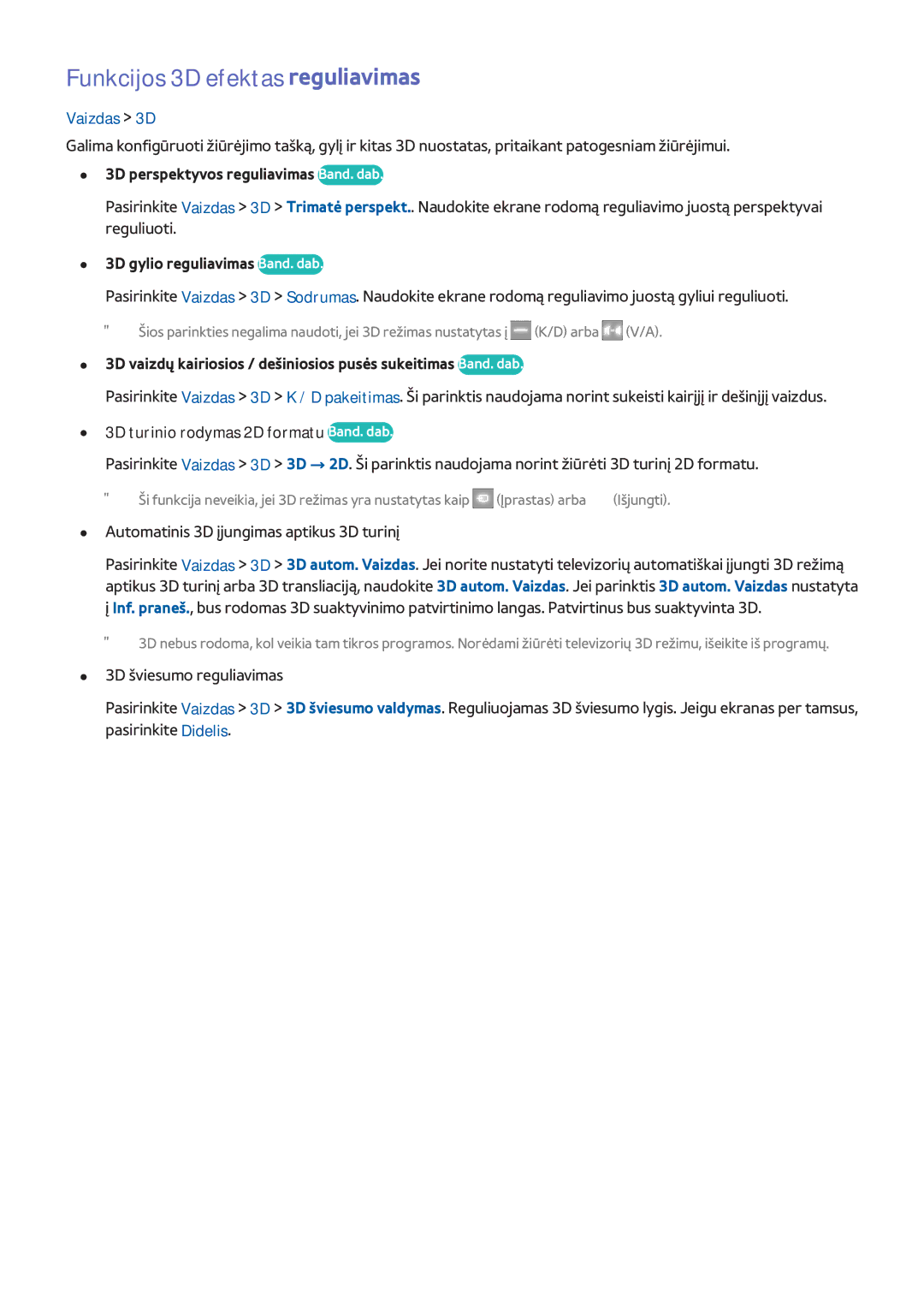Samsung UE55H8000STXXH manual Funkcijos 3D efektas reguliavimas, Vaizdas 3D, 3D perspektyvos reguliavimas Band. dab 
