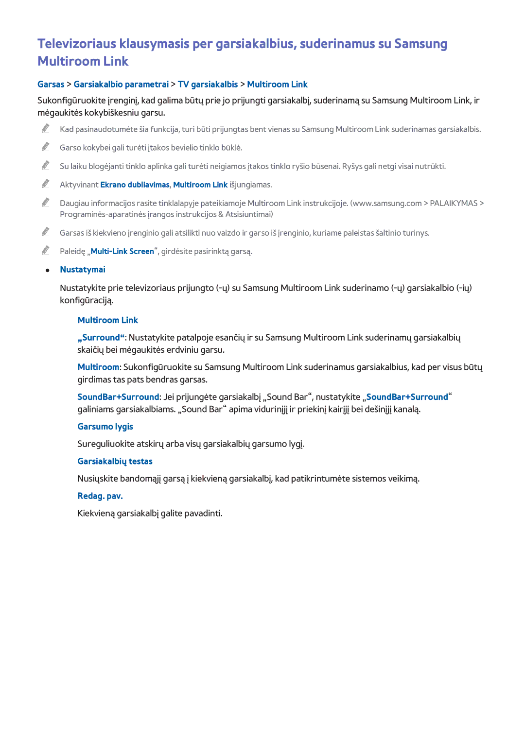 Samsung UE55H8000STXXH, UE65H8000STXXH, UE48H8000STXXH manual Multiroom Link, Garsumo lygis, Garsiakalbių testas, Redag. pav 