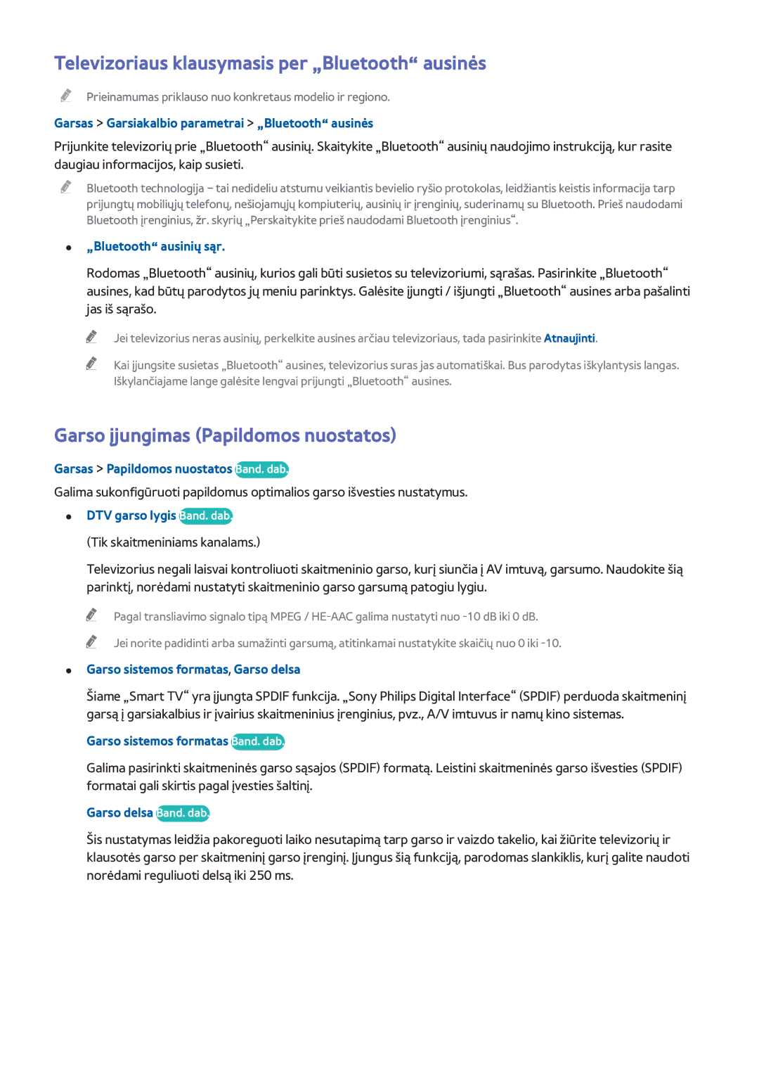 Samsung UE65H8000STXXH manual Televizoriaus klausymasis per „Bluetooth ausinės, Garso įjungimas Papildomos nuostatos 