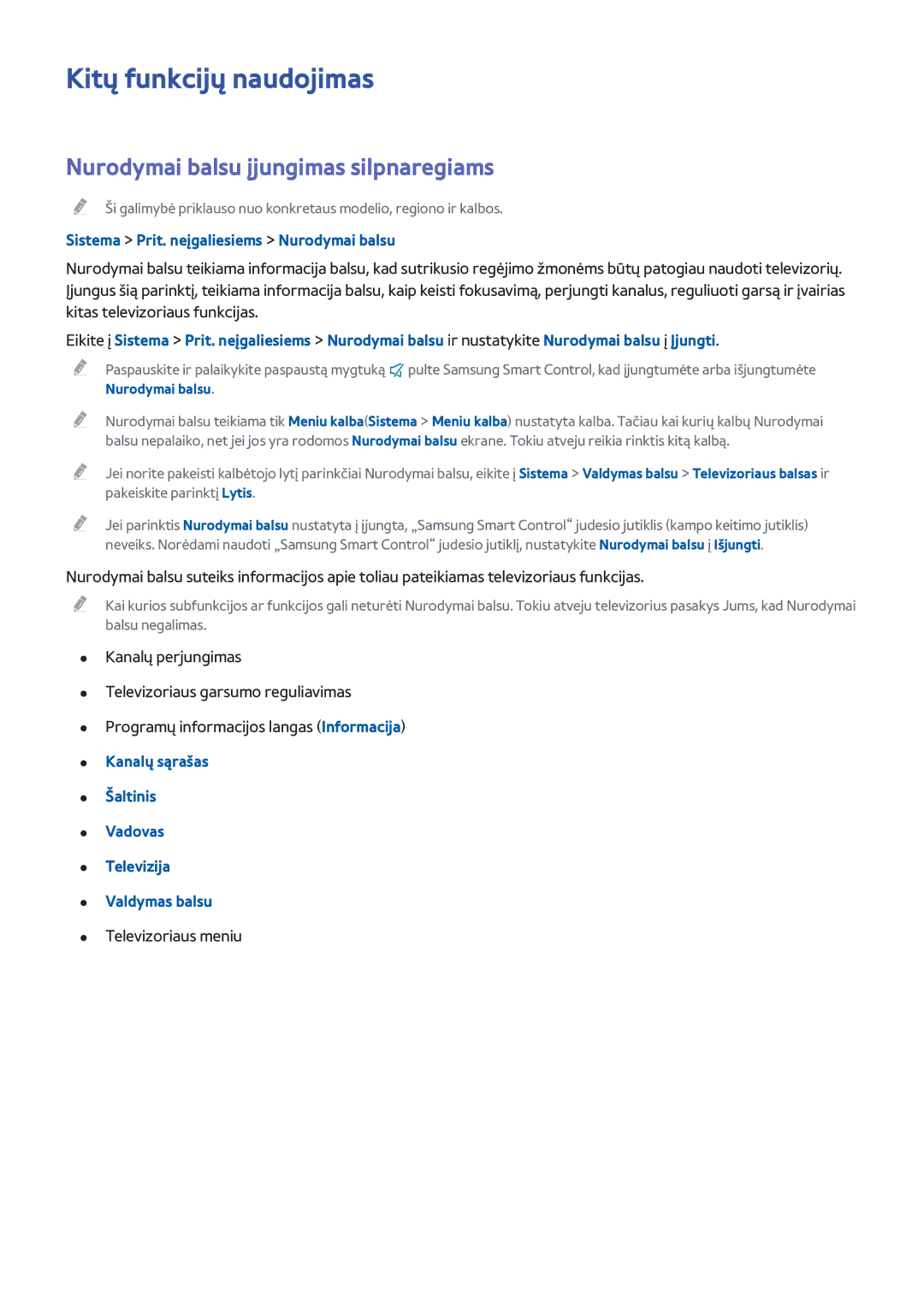 Samsung UE48H8000STXXH manual Kitų funkcijų naudojimas, Nurodymai balsu įjungimas silpnaregiams, Televizoriaus meniu 