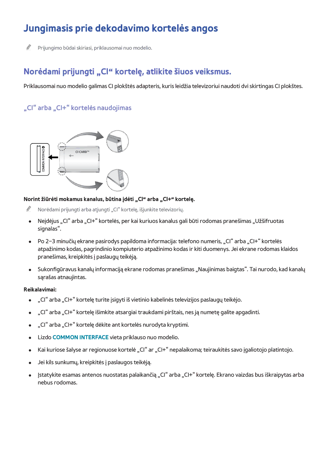 Samsung UE48H8000STXXH Jungimasis prie dekodavimo kortelės angos, Norėdami prijungti „CI kortelę, atlikite šiuos veiksmus 