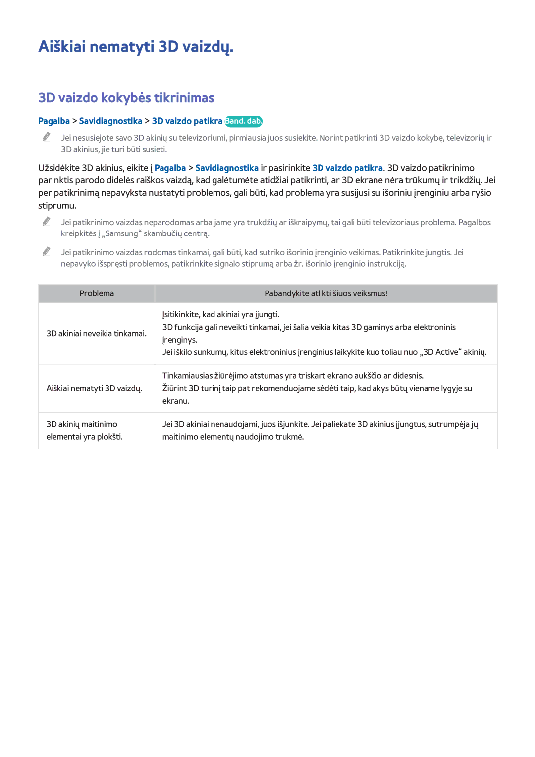 Samsung UE65H8000STXXH, UE48H8000STXXH, UE55H8000STXXH manual Aiškiai nematyti 3D vaizdų, 3D vaizdo kokybės tikrinimas 