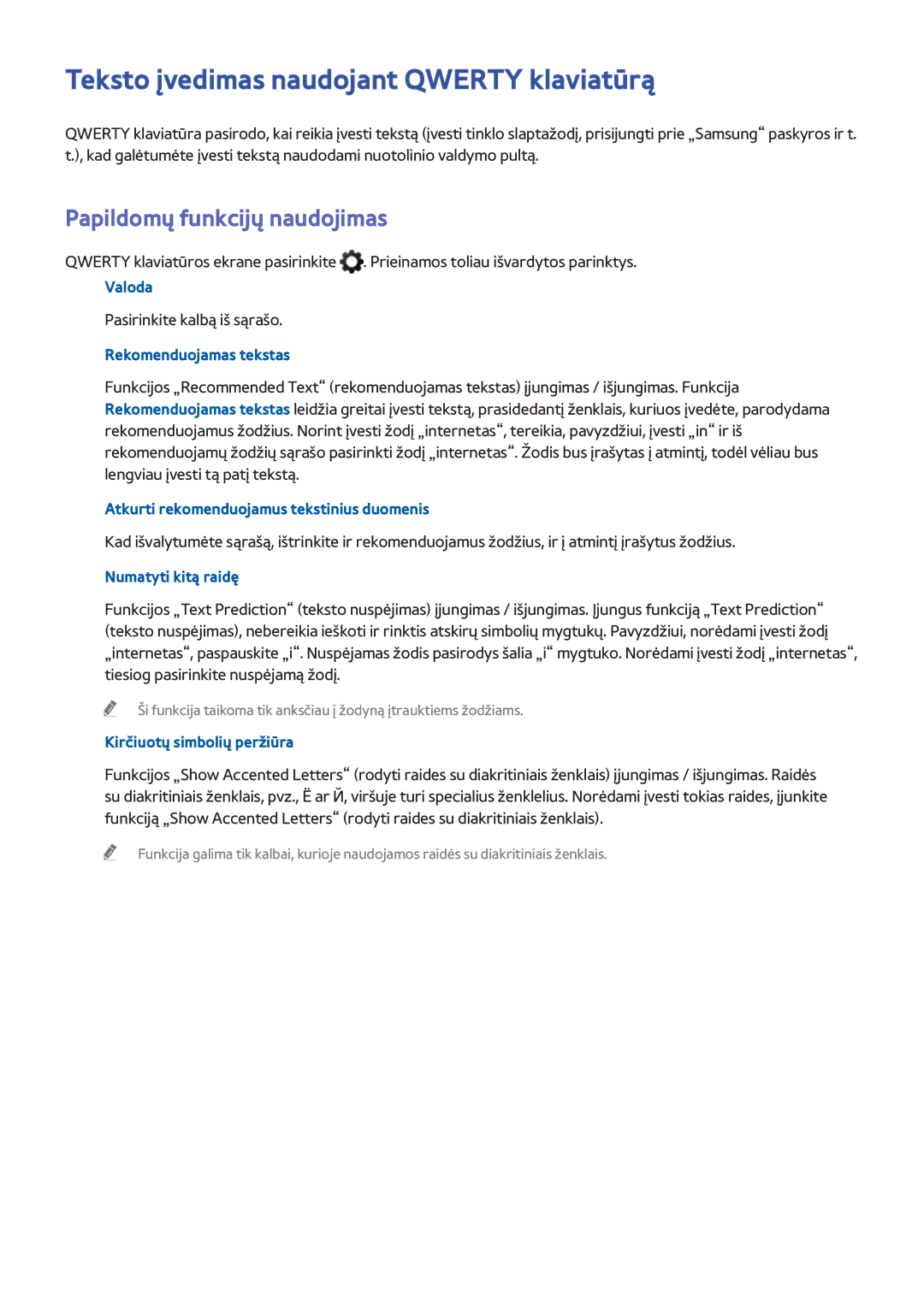 Samsung UE65H8000STXXH, UE48H8000STXXH manual Teksto įvedimas naudojant Qwerty klaviatūrą, Papildomų funkcijų naudojimas 