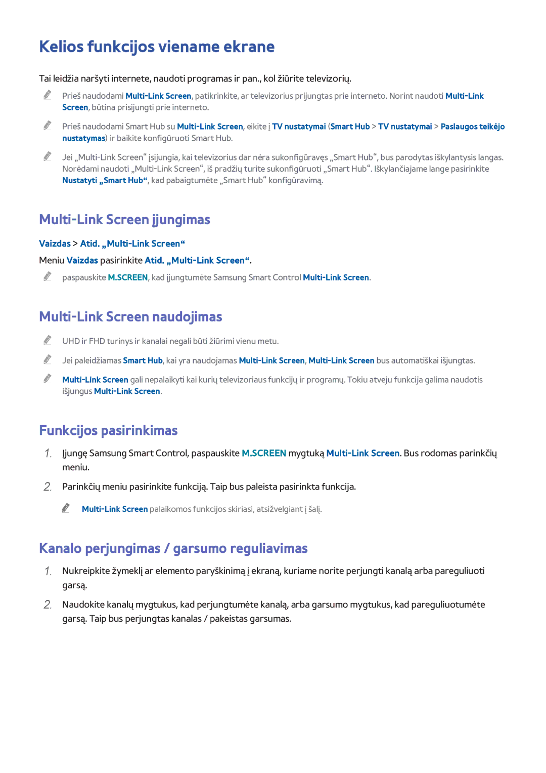 Samsung UE55H8000STXXH manual Kelios funkcijos viename ekrane, Multi-Link Screen įjungimas, Multi-Link Screen naudojimas 