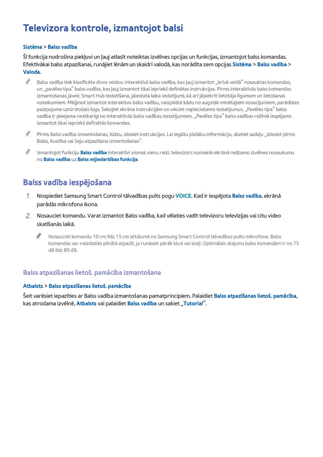 Samsung UE65H8000STXXH manual Televizora kontrole, izmantojot balsi, Balss vadība iespējošana, Sistēma Balss vadība 