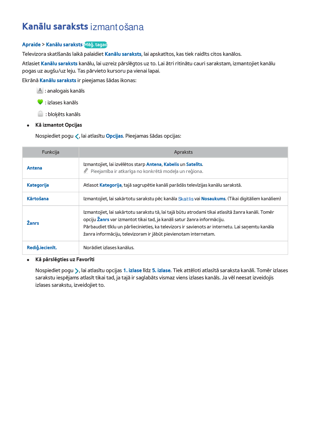 Samsung UE55H8000STXXH manual Kanālu saraksts izmantošana, Apraide Kanālu saraksts Mēģ. tagad, Kā izmantot Opcijas 