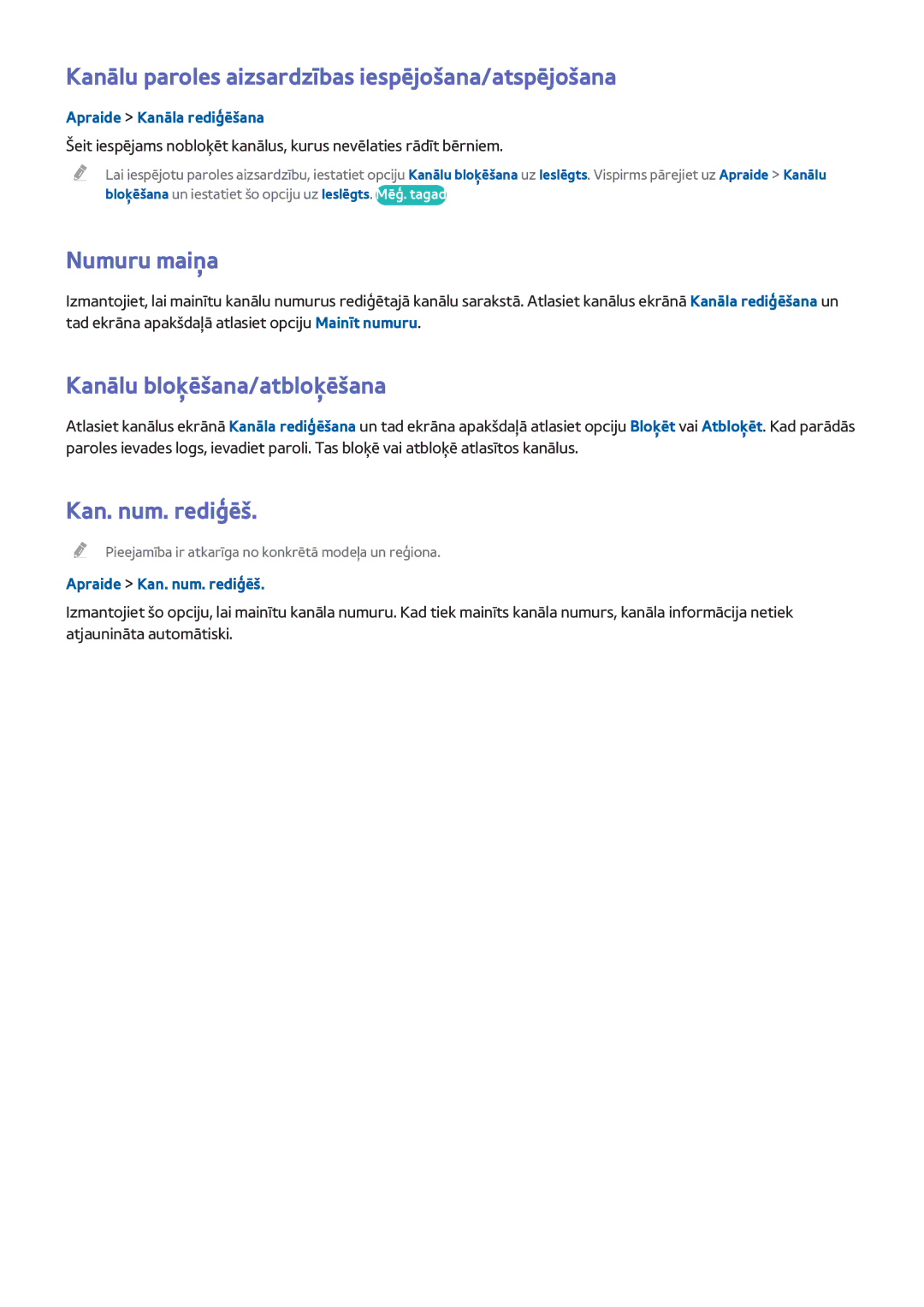 Samsung UE55H8000STXXH Kanālu paroles aizsardzības iespējošana/atspējošana, Numuru maiņa, Kanālu bloķēšana/atbloķēšana 