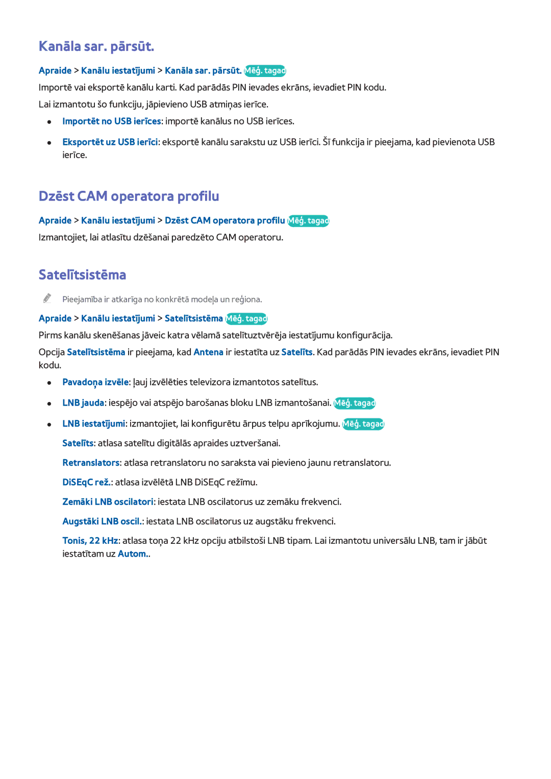 Samsung UE65H8000STXXH, UE48H8000STXXH, UE55H8000STXXH manual Kanāla sar. pārsūt, Dzēst CAM operatora profilu, Satelītsistēma 